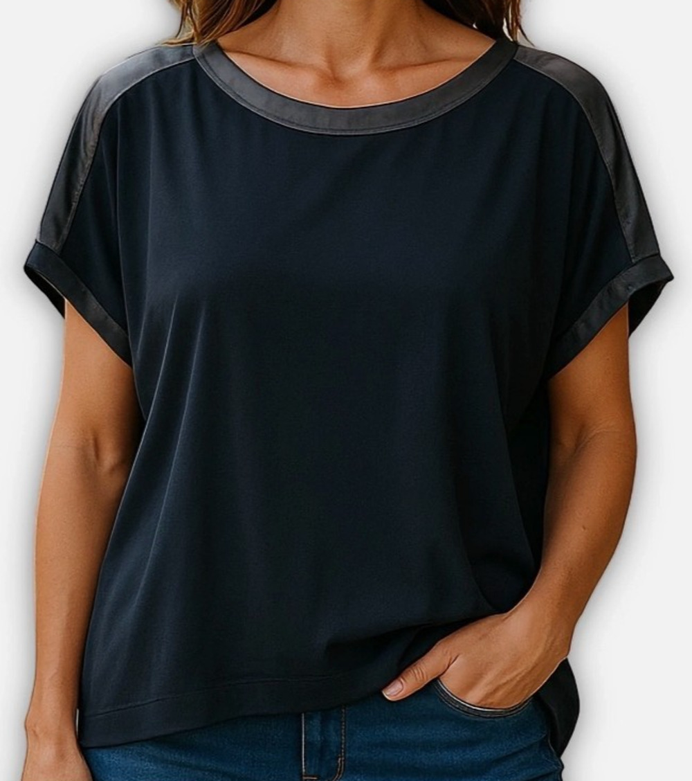 Helmut Lang Top Women’s Knit Black Slub Dolman Lamb Leather Trim Size P